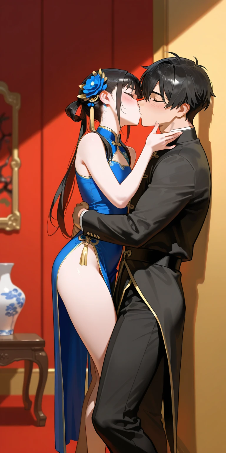 anime artwork, score_9, score_8_up, score_7_up, score_6_up, score_5_up, score_4_up, hu tao, she is 24 years old, style_3, sitting,,,,,,,He's taller than her,,, , 1boy, zhongli, breast grab, they are kissing, indoors, floox style,