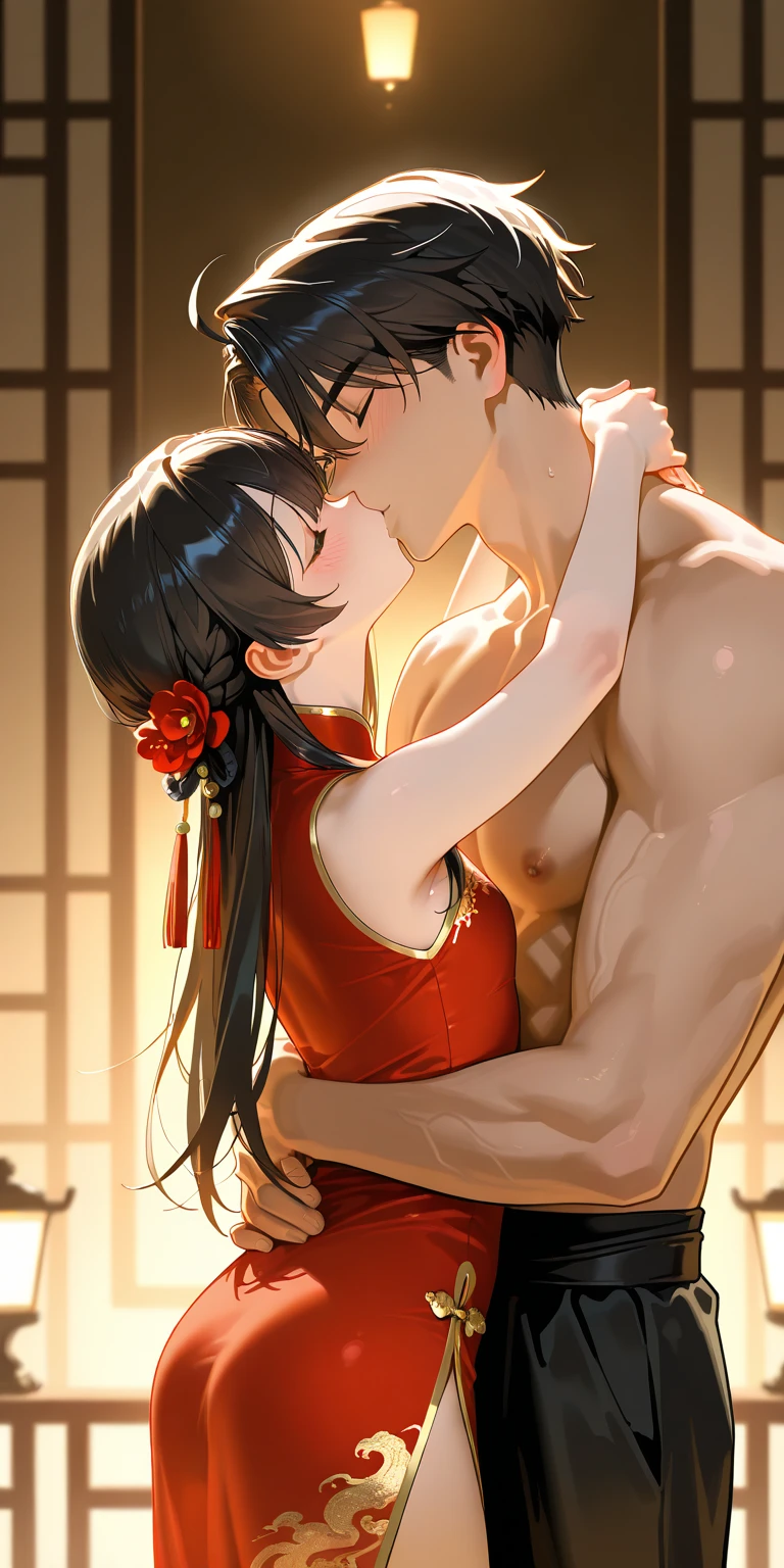 anime artwork, score_9, score_8_up, score_7_up, score_6_up, score_5_up, score_4_up, hu tao, she is 24 years old, style_3, sitting,,,,,,,,,, , 1boy, zhongli, breast grab, they are kissing, indoors, floox style, nude,naked