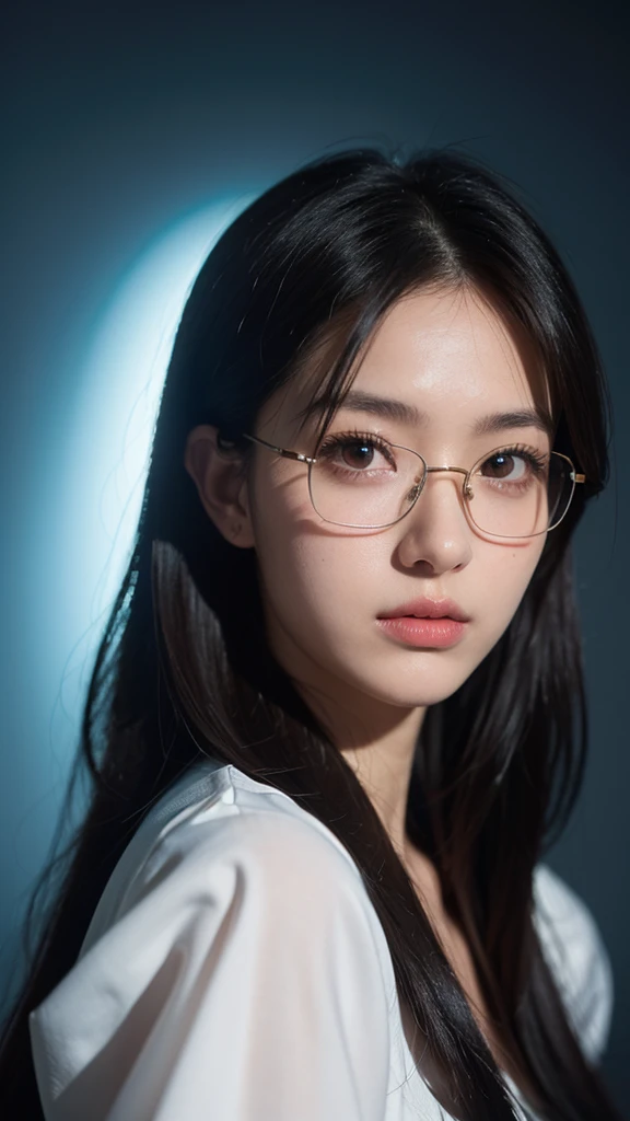 (8K、Raw photography、top-quality、masterpiece:1.2)、(realisitic、Photorealsitic:1.37)、ultra-detailliert、超A high resolution、1人、see the beholder、beautifull detailed face、A smile、Constriction、(Slim waist) :1.3)、((White blouse clothes))、Beautiful detailed skin、Skin Texture、Floating hair、((shorth hair))、Professional Lighting、In front of the station at noon、((Black square glasses))、Whole human body、Brown hair