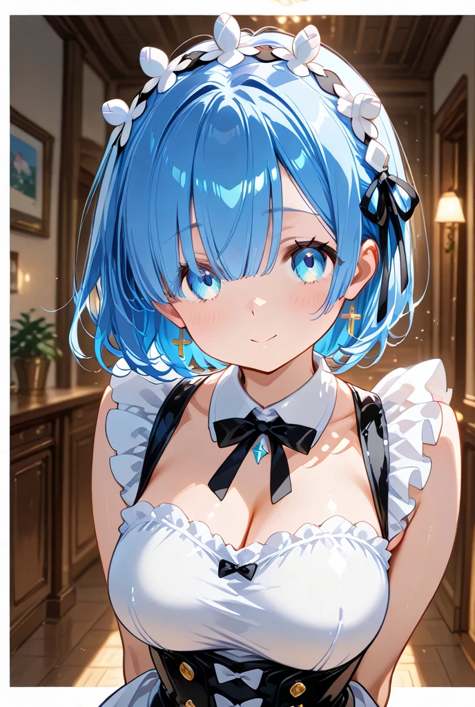 ((View from above)), garota, corpo inteiro, grandes olhos sonhadores, boca aberta, olhos brilhantes, corar, ((Fisheye)), em um mercado, vestido listrado preto e branco, clivagem, Blunt Bangs Surprise Tour, short hair, Cabelo azul