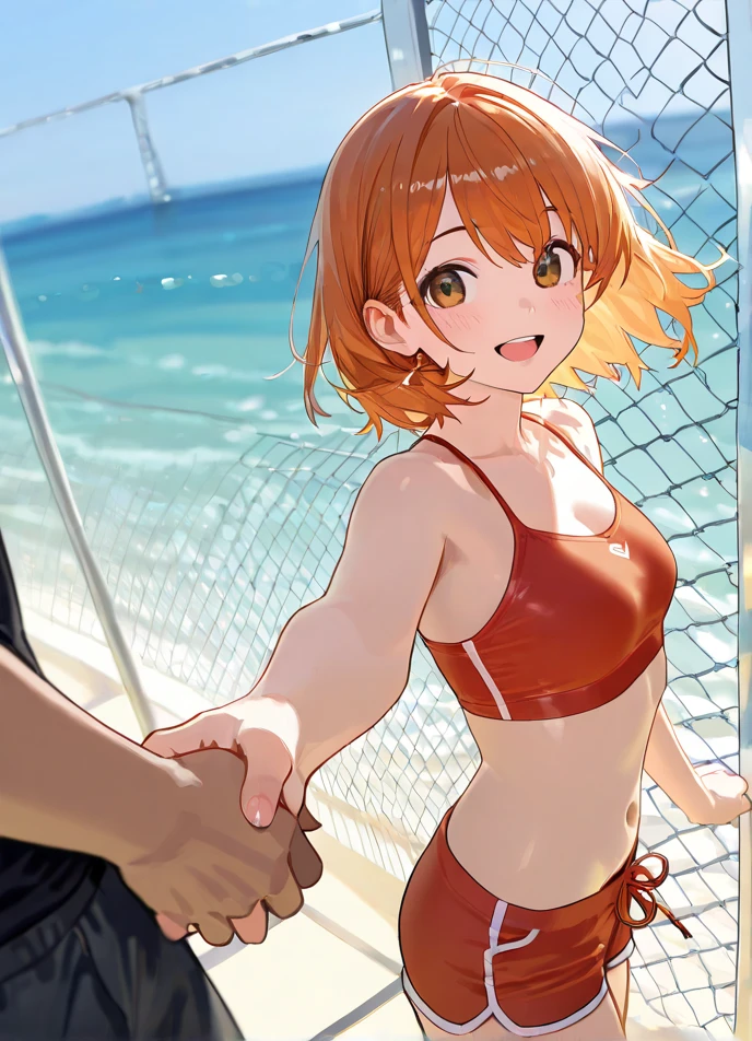 horikoshi kouhei, 1girl, :d, nonsense, arms behind back, bangs, blush, boku no hero academia, breasts, brown eyes, brown hair, fengling (furin-jp), highres, looking at the viewer, medium breasts, open mouth, pantyhose, bikini, short hair, sidelocks, smile, solo, standing, Uraraka ochako, red of shame, in public, small red bikini, micro bikini, walking in public, surrounded by people, micro-bikini, (grabbing breasts:1.5),