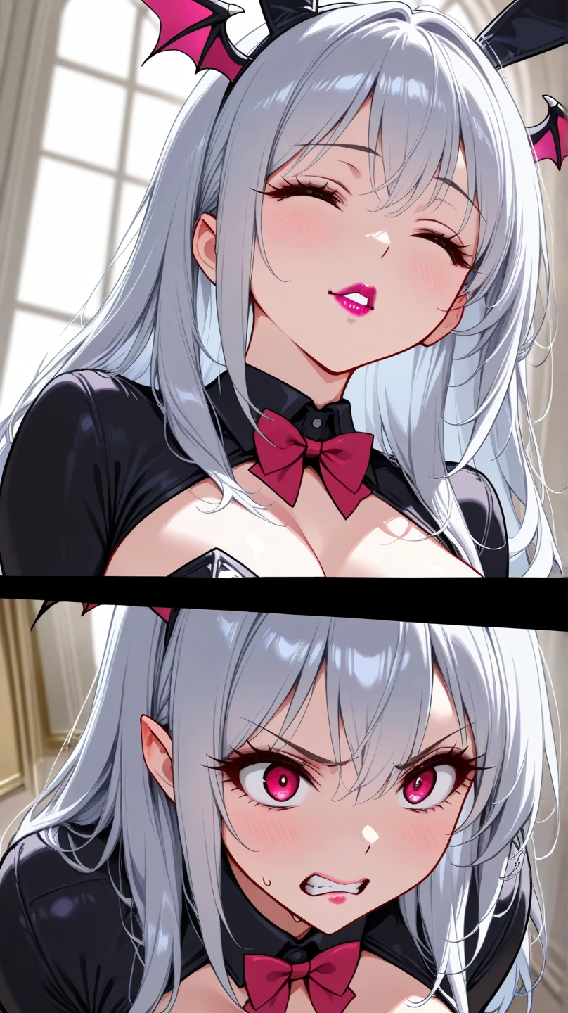 8k, RAW photo, best quality, masterpiece:1.2,1girl,mature female,cleavage,((White_hair:1.2)), (glowing red pupils), (red devil horns), (Devil smile), (((body painting))),(((paint wall))),cowboy shot