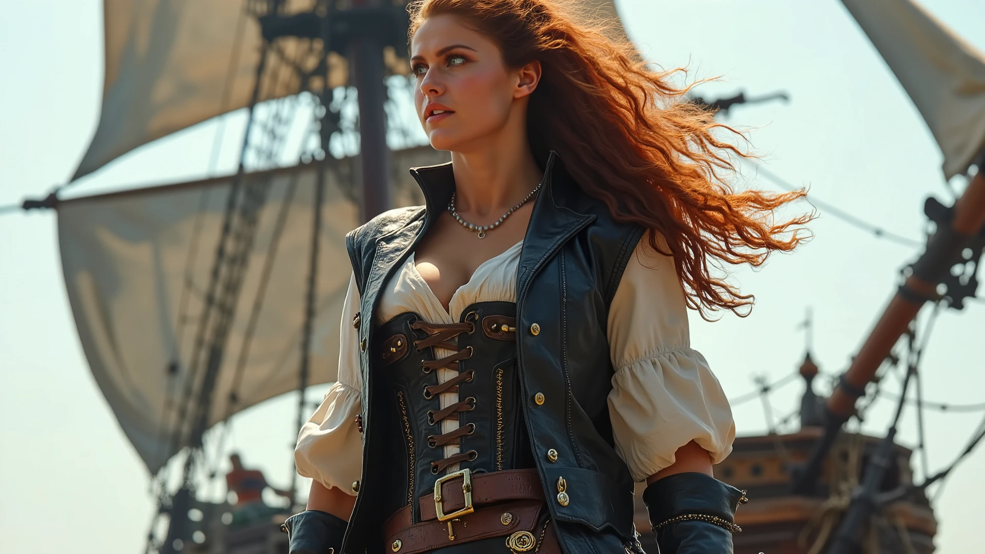 ((((big female pirate))), pirate hat), leather vest, chrome rivets, laces, open unbuttoned, leather pants, rapier sword etched swirls, wind, windy, long curly ginger hair, background pirate ship
