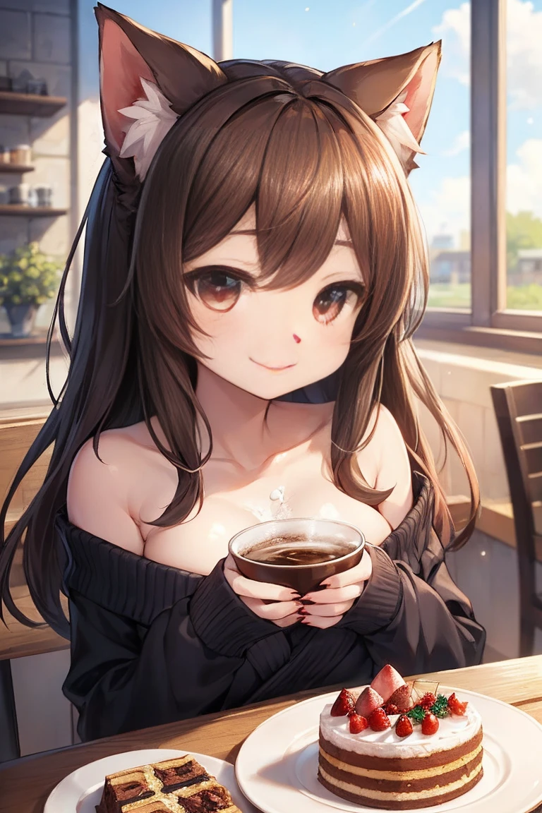 holding a cat、Cleavage、upper body、(pale skin: 1.2), shiny skin, shiny hair、(A 25-year-old woman with medium-length hair and bangs) and (wavy hair) and (brown hair) and (orange eyes) , (white) and (off shoulder dress) 、opne mouth, (smile:1.2), The background is the interior of a cafe、Alone、Sitting