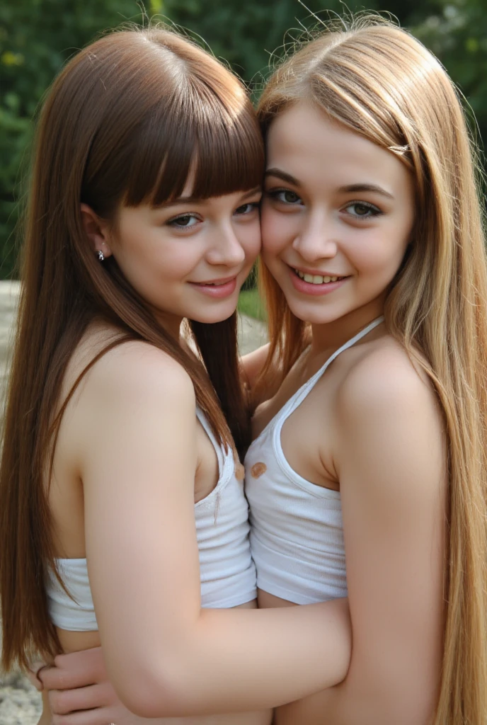 (masterpiece, best quality:1.4), (8K), Young blonde beauty, (((2 short girls in love, 18 years old, neat girl))), detailed blue eyes, long eyelashes, blush, kind smile, horny, upper body, small ass, slender thin legs, vagina, ((looking at viewer)), beautiful blonde hair, white-skinned, (bangs:1.3), pigtails, groping, ((open legs)), (medium size breasts), (mushroom forest, celestial forest, beautiful and magnificent pink sunshine, majestic sky), natural light, pastel colors)