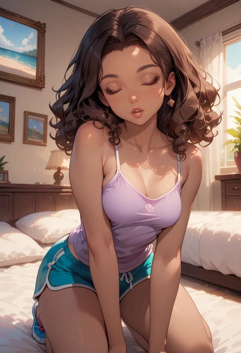 melancholy, quiet, calm, bright, masterpiece, best quality, 1girl, (JinxLol:1.2), (ultra photorealistic:1.3), (masterpiece:1.4), best quality, ((realistic)), high quality, ultra detailed, ((Real image)), ((realistic skin)), ((realistic face)),(illustration:1.05), (beautiful:1.05), (beautiful detailed eyes:1.05), (cinematic light:1.1), Full body, precise proportions, 18-year-old girl, skinny model lying next to the bed, BLACK hair fluttering in the wind,  tulle, long legs, feet slightly open, buttocks, blush, shyness, collarbone, abdominals, double weave, beautiful and delicate face, fair skin, real skin, (face detail), pores, super high resolution, 8k, parameters Best quality, masterpiece, super high resolution, (Realistic 2.0), More details, detailed skin, transparent panties, wide smile, white teeth, full voluminous hair, perfect and well-designed eyes, girlfriend,  beautiful, beautiful, flowers, studio lighting