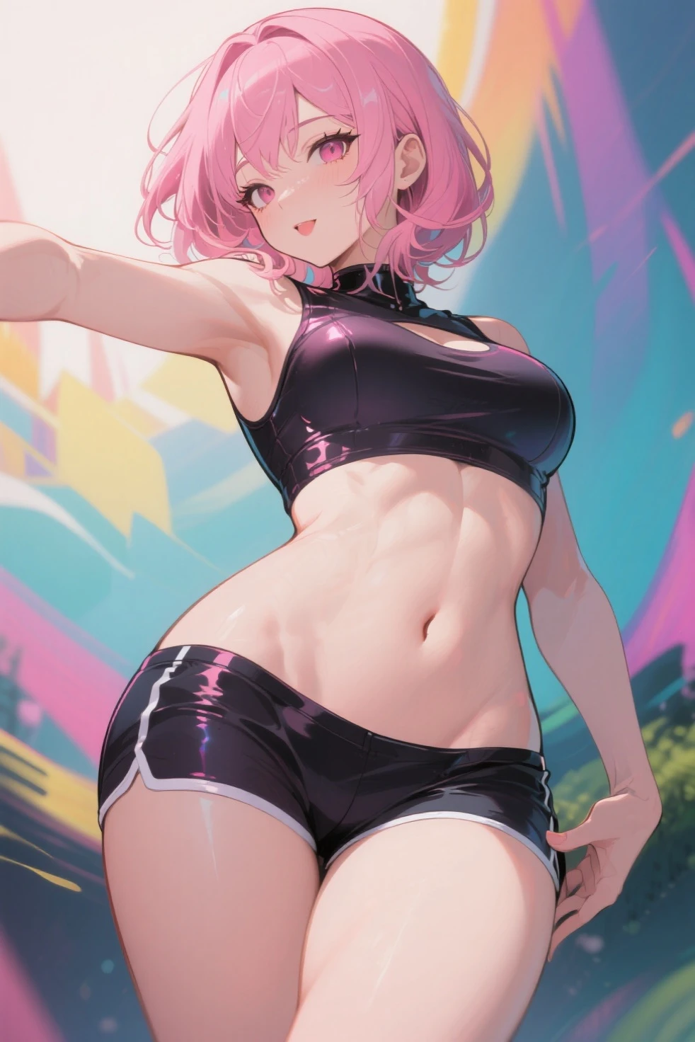 ((anatomically correct hand:1.5)), anime, sexy, ((京都animeーション風に:1.5)), ultra precision, masterpiece, very very beautiful, プリンセスのface, ((1 woman)), ((alone:1.5)), ((pink hair:1.5)), ((bob cut 1.5)), break, ((black eye)), shortcut, ((straight hair)), break, All limbs,((full finger:1.5)), break, break, ((silver sportswear:1.5)), break, ((skin dents)), professional lighting, (15 years old), tight waist, shiny skin (brown skin:1.5), ((oily skin)), glowing skin, looking at the viewer, cowboy shot, ((dynamic pose:1.5)),  look at the camera, わずかな笑face, mouth slightly open, ((cute:1.5)), extra fine eyes, Extra-fine face, ((thin lips:1.5)), ((droopy eyes)), わずかな笑face, ((Portrait:1.5)), face, look at the camera, big breasts, field, from below, ((looking back:1.5)), butt, ,((spread arms:1.5)),
