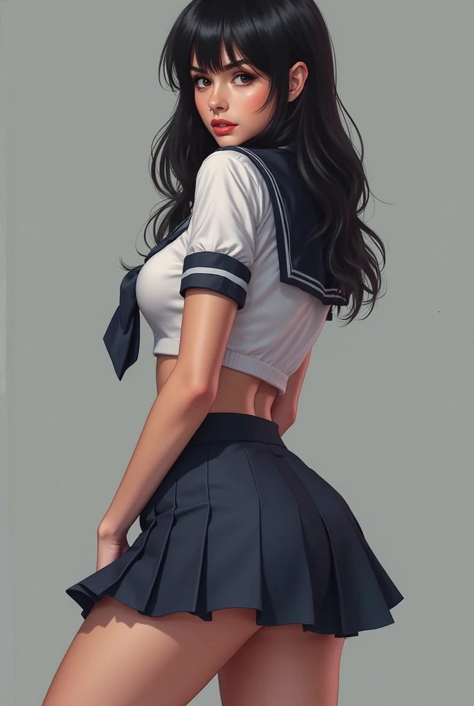 uniform、High school girls、ponytail、White High Heels、With bag、mini skirt、Japanese、Full body forward facing、Big Breasts、barefoot、Super Beauty、With pierced earrings、Back view