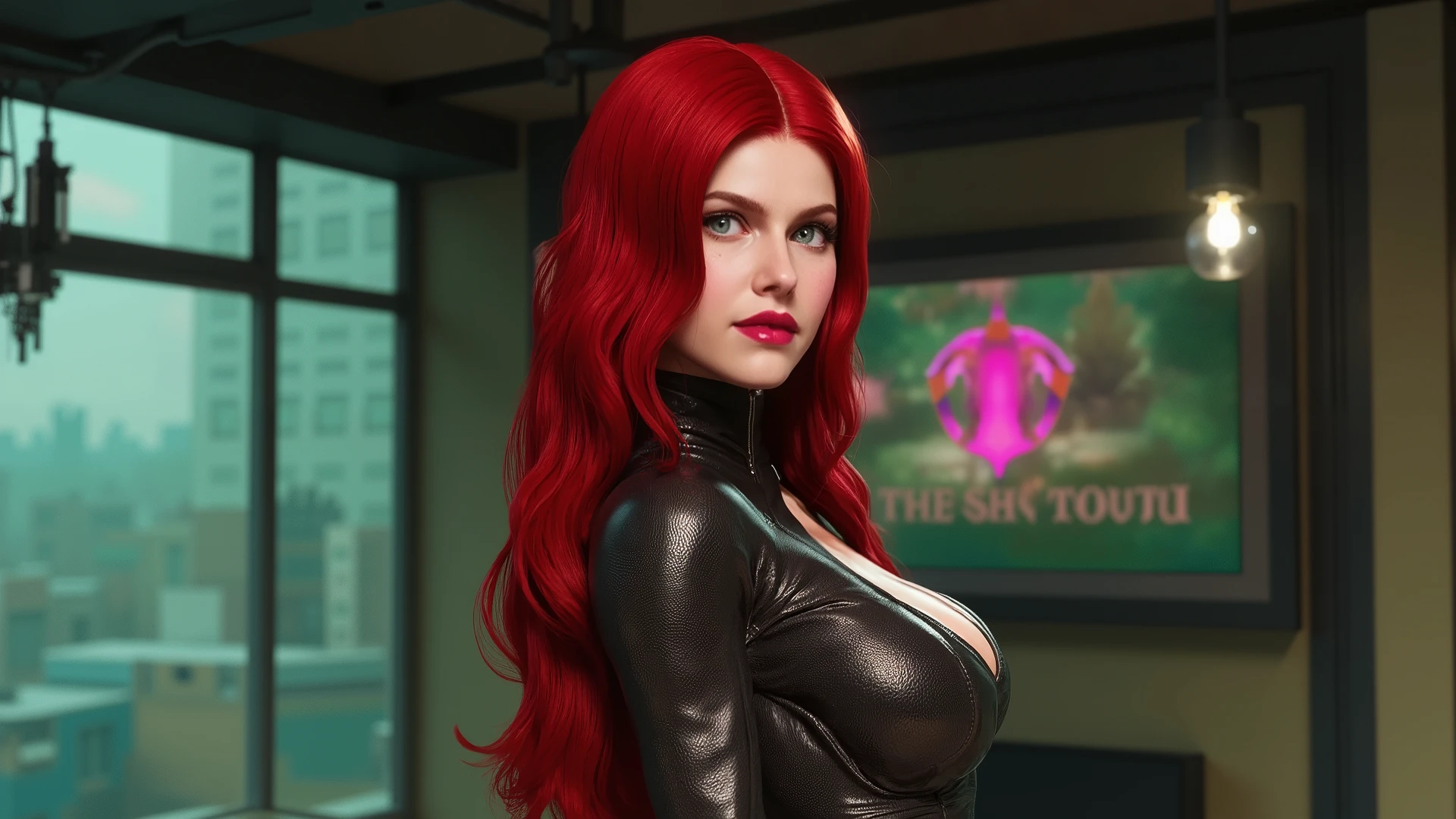 ((perfect anatomy:1.2,realistic:1.3,RAW Photography:1.3,masterpiece、highest quality、Ultra - High resolution、High resolution、Highly detailed CG、8K)), This artwork should be hyper-realistic, capturing every detail with stunning clarity, image of Nikki from pandemonium,long straight hair, red hair, green eyes, Full body, very detailed outfit, The outfit should be alluring , unzipped:1.2, ((costume is unzipped )), narrow waist, wide hips, slender body, thigh gap, skinny, (sweat:1.2), big breasts, heavy breasts, view from the side, show armpit, futuristic backround