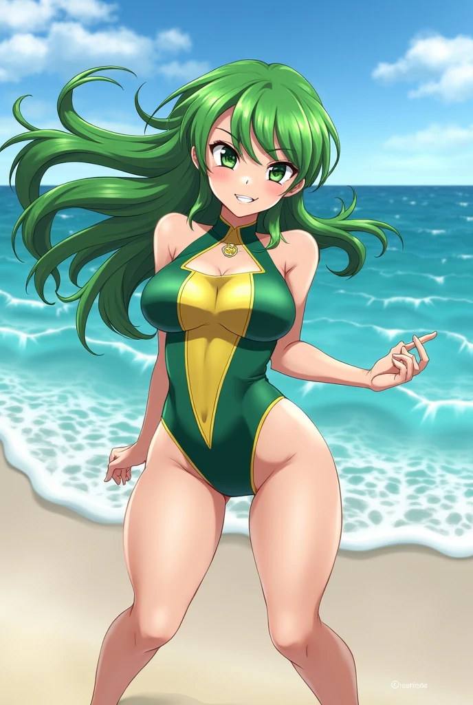 Code Geass, C.C, 1girl, (((bimbo))), long green hair, yellow eyes, ear rings, puffy lips, painted lips, thick lips, wide hips, thick thighs, small round breast, huge ass, revealing cleavage, erotic, Smile face, bubble butt, camel toe, Breasts, pink bikini, arms up, on the beach,