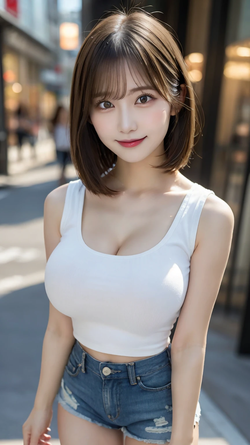 8K,best quality, masterpiece, Super detailed, ultra high resolution, lifelike, original photo, Ridiculous, Absolute resolution, 1 girl, Cowboy shooting,A beautiful young Japanese woman, super cute face, Charming figure, Big breasts , long bob hair ,Smile,(maid outfit:1.3),beautiful eyes ,windy, Waving on a crowded street, glossy lips, double eyelids, natural makeup, long eyelashes, shiny smooth light brown long bob hair, Asymmetric bangs, shiny skin, central image, High resolution, high detail, Detailed hairstyle, Detailed face, Spectacular movie lighting, octane rendering, energetic, Surreal, perfect limbs, perfect anatomy, huge breasts