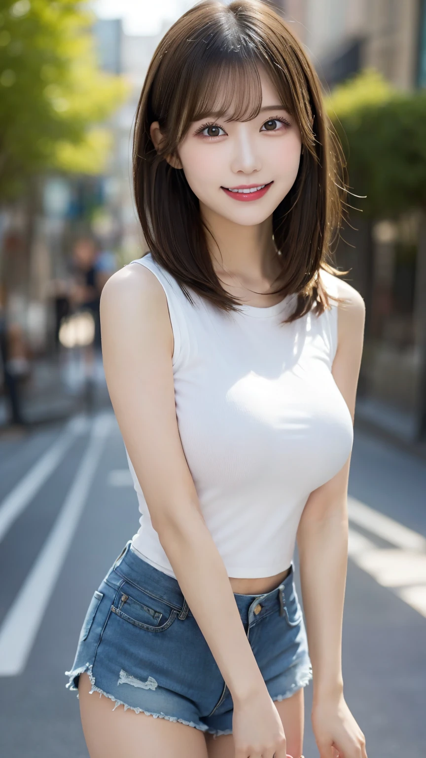 Highest quality(beautiful)、Brown eyes、22-year-old female、smile、Gal、Semi-short hair、camisole、Natural Lip、Soft Breasts、Shoot from above、Shorts