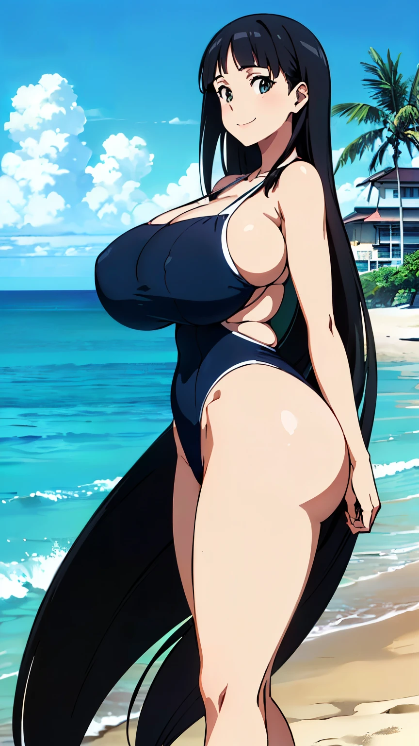 bp-homura, 1girl, long hair, solo, akemi homura, black hair, 1girl, solo, huge breasts, huge thighs, narrow waist, wide hips, thick thighs, curvy, cleavage, swimsuit, slingshot swimsuit, beach, water, sand, (best quality), ((masterpiece)), (highres), (highly ultra detailed face and hair and skin and eyes and finger and background and hair:1.2) focus on her ass, back to the viewer,