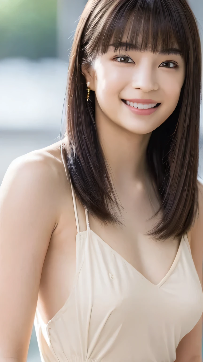 Highest quality, masterpiece, (Realistic:1.2), (uetoaya), smile, head shot, Backlight, Silhouette Lighting, Lift up your shirt, Tomboy, Brown long hair, Hair on one eye, Underbust, front, Detailed face, Beautiful Eyes, Oily skin, Sweat a lot, fit, bikini, Underbust, Santorini, Greece