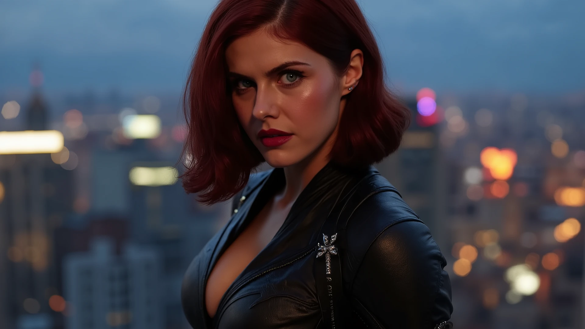 Create a realistic and epic image of a fusion between Black Widow and Catwoman. The character should have:
Face: Combine Black Widow's intense and cunning expression with Catwoman's enigmatic and seductive demeanor, (((creating a face that exudes confidence, mystery, and determination))). Add a piercing gaze and slightly curved lips, highlighting the mix of intelligence and charm.
Hair: Blend Black Widow's wavy red hair with Catwoman's sleek and elegant style, resulting in a hairstyle that is both practical and stylish, with a dark color infused with reddish tones.
Outfit: Design an outfit that combines Black Widow's tactical black uniform with Catwoman's tight leather suit. The design should include details like belts with gadgets, retractable claws, and a touch of red in accessories such as gloves or boots, reflecting the balance between feline agility and combat prowess.
Accessories: Include iconic (((elements like Catwoman's night vision goggles mixed with Black Widow's shock bracelets.))) The suit could feature a utility belt containing both Black Widow's weapons and Catwoman's burglary tools.
Setting and Pose: Position the character in a nighttime urban environment, such as the rooftops of a city lit by neon lights or in a shadowy alley. The pose should be agile and stealthy, perhaps mid-leap or in a combat stance, showcasing her ability to move with precision and speed.
Style: Maintain a realistic style that captures the blend of strength and agility, with a design reflecting both Black Widow's espionage skills and Catwoman's thieving dexterity, creating a figure that is both lethal and seductive.