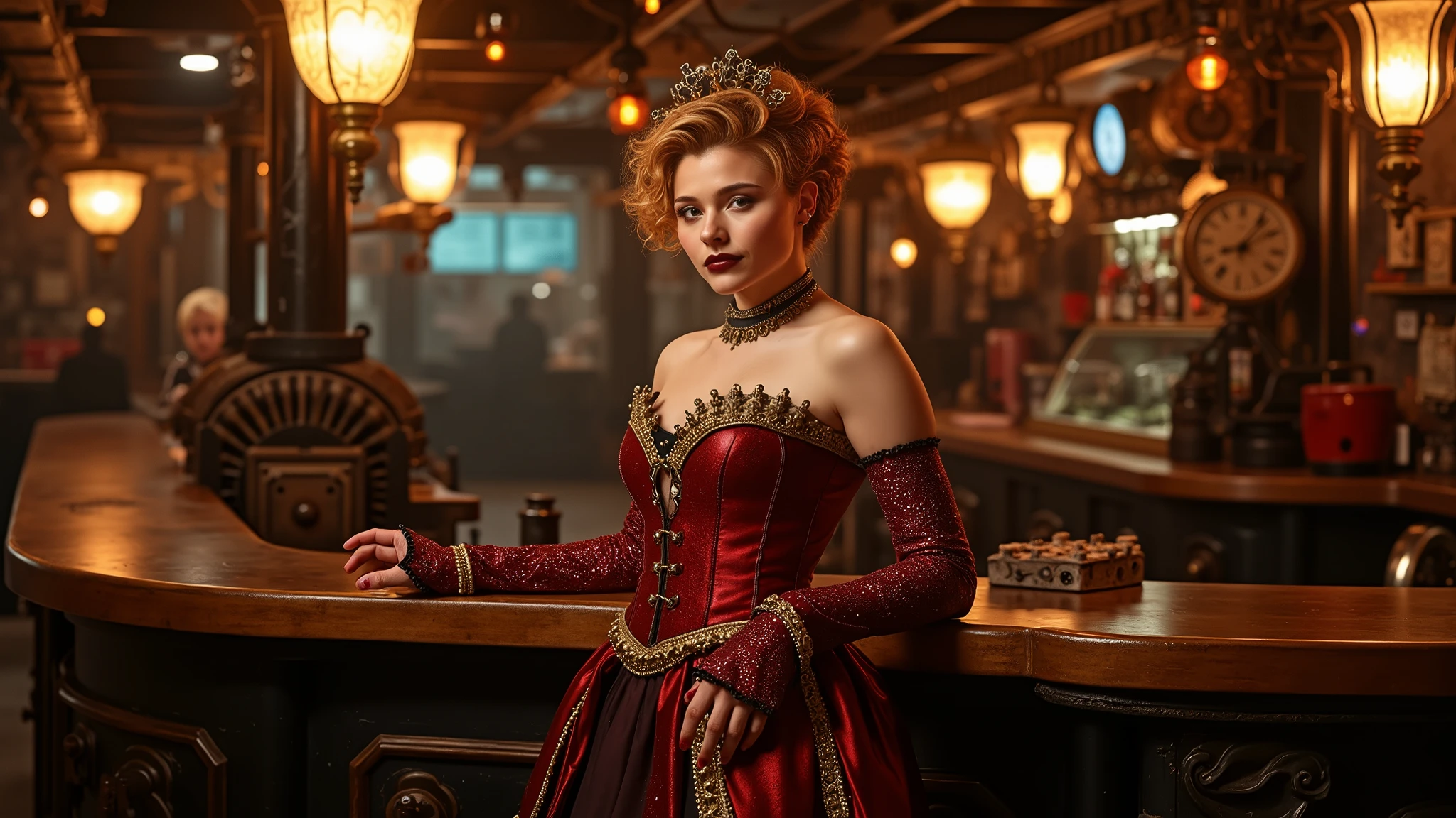 A DSLR photorealistic image of a gorgeous 21-year-old Lituvian girl with delicate Nordic features. (natural breasts)(deep cleavage)She has smokey eye makeup. She has short ginger curly hair and deep green eyes,her glossy, wet-look lipstick enhances her full lips. Wearing: A daring crimson-and-gold Steampunk maid dress with an off-shoulder neckline that reveals soft, glowing skin. The corset is adorned with tiny spinning gears and brass filigree, cinching her waist to perfection. The high-slit skirt flows like molten silk, exposing gartered stockings with delicate clockwork embroidery. Her thigh-high leather boots gleam with metallic trim, and fingerless gloves with brass rivets add a provocative edge. A gear-adorned choker and matching headdress complete her seductive look.Scene: A dimly lit nightclub, illuminated by the warm glow of forges and flickering lanterns. Massive gears turn slowly overhead, while mechanical animals stand half-repaired on tables .Action: The maid leans forward on a polished brass bar, her posture playful yet commanding as she inspects the viewer. Her skirt flutters slightly her gloved hands moving with precision. A young girl perches nearby, her glowing eyes fixed on her, as she tosses a teasing smile over her shoulder.