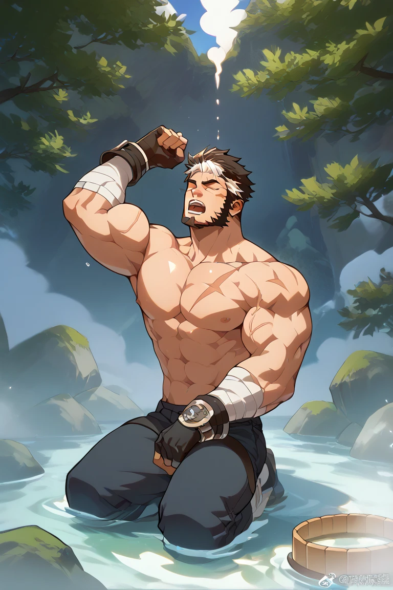 Score_9, Score_8_up, Score_7_up, highly detailed, fine details, boy, mature male, hug from behind, short hair, multicolored hair, white streak, Gloves, Topless , scar, biceps , beard, jacket on the head, manhood , Hot Springs,Kneeling,penis,cumshot