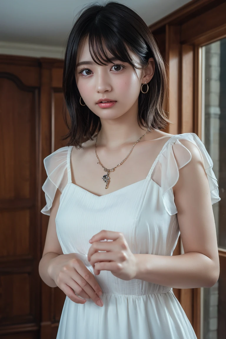 (Highest quality:1.4),(masterpiece:1.4),(Realistic:1.4),(Realistic:1.2),(超High resolution, RAW Photos:1.4),(High resolution, Ultra-detailed:1.2),(8k:1.2),View your viewers,Cinematic photography,One girl,skeletally correct,Black-haired woman,Woman in her early 20s,(Small earrings,necklace,Floral frill dress),(Western-style building interior,Dimly lit room,The lamplight shines on my cheeks,Sit on the sofa)