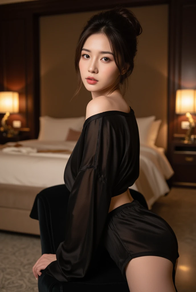 Picture taken with Sony A7RIV, realistic, 8K, Hi-Res picture, masterpiece, perfect from behind, shoot, close up,detailed complicated background, Gorgeous twenty years old Indonesian girl, dark brown hair, busty, fair, slender, perfect modeling pose, wearing black silk pajamas, standing in a very dark room.