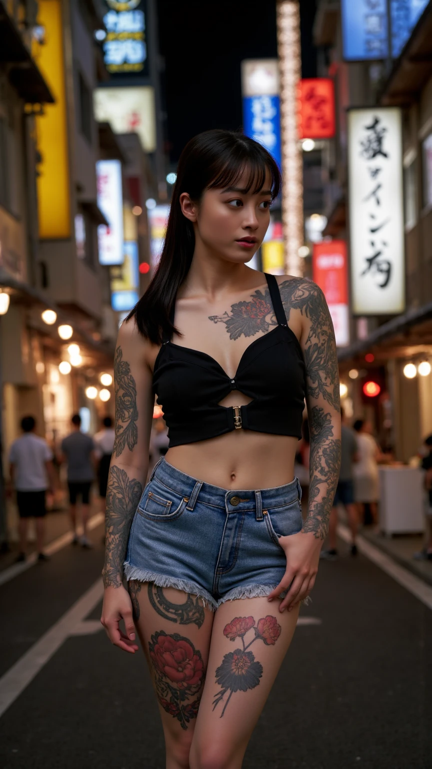girl, japanese, street view, night view, cyberpunk, techno, hot, sexy, full tattoo.