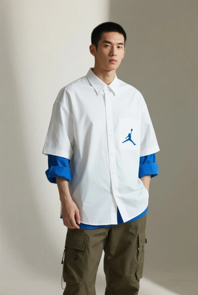 White man with exercised arms wears gray t-shirt jeans wears nike jordan tennis shoes small nose black eyes black hair