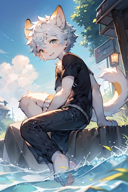 a drawing of a cat with a grey leopard tail and black and white socks, booty shorts, he has gray leopard skin!!!, leopard spots, with gray skin, pov furry art, sona is a slender, furry art!!!, gay, femboy, anime catboy, twink, by :5 sexy: 7, white cat boy, holding a pudica pose, cute anime catboy, sfw version, male furry mini cute style, felid, mammal, pantherine, snow leopard, anthro, anus, balls, femboy, girly male, biped, blush, bulge, femenine butt, butt, bubble butt, clothing, fur, human genitals, grey body, grey fur, hair, looking at viewer, looking back, looking back at viewer, male, panties, penis, presenting, presenting hind quarters, raised tail, simple background, solo, spots, tail, thong, underwear