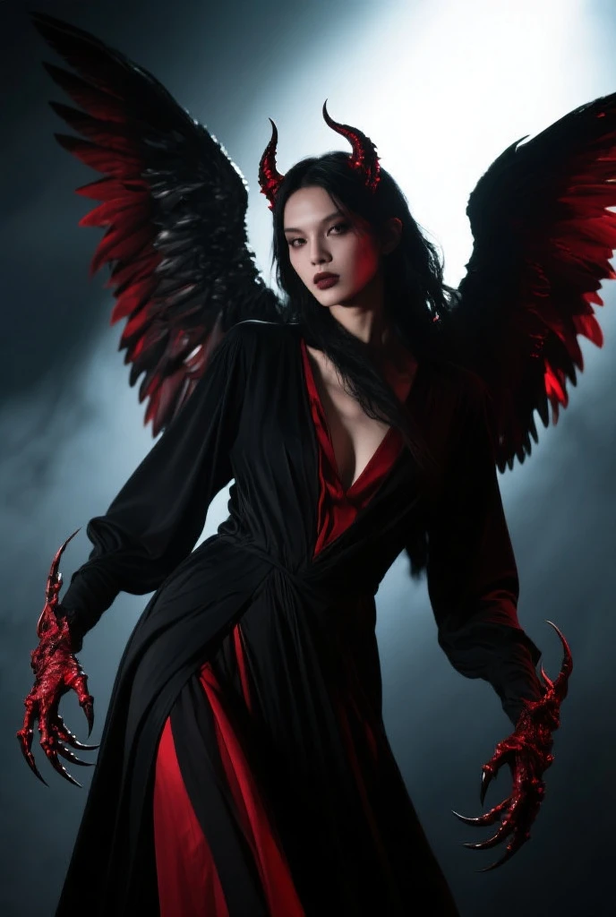 Generate images of demons with crimson wings. Give this image a captivating aura and powerful feather movement. Next, Add a devil's dress designed to emphasize the lines of the body, With feather accents to create a dark and mysterious atmosphere. reeds, Combine accessories with black or dark red headpieces, Crimson Gemstone Necklace、Matching rings and earrings. Finally, Add dark tone makeup and red or black eyeshadow、Complete the atmosphere of the devil.