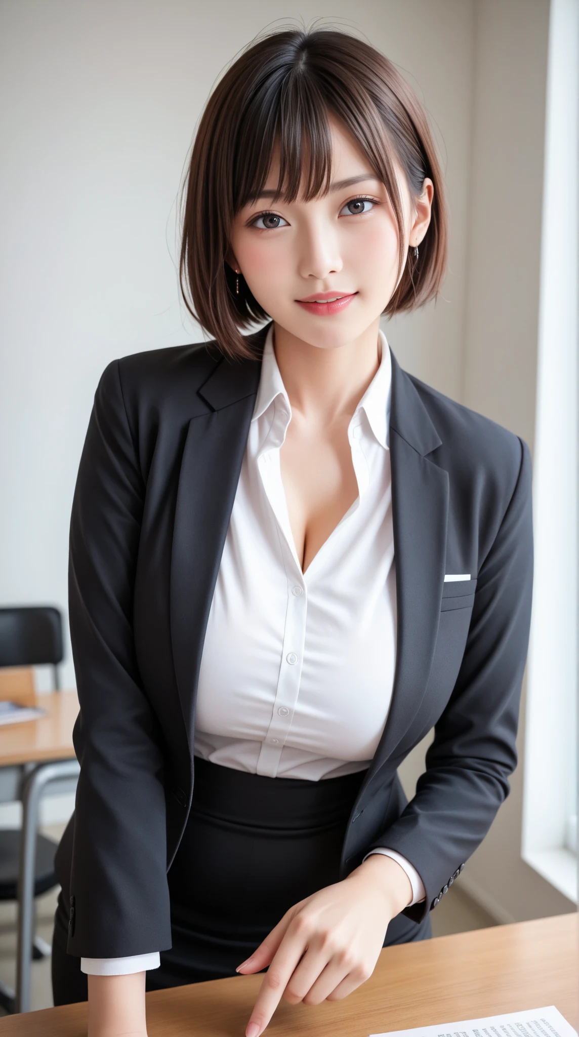 (8K, highest quality, masterpiece:1.2), (realistic, photo-realistic:1.37), super detailed, 1 girl,cute, alone,beautiful and detailed sky,Detailed Office,night,sitting,(blush your nose),(smile:1.15),(closed mouth) , medium breasts,beautiful and fine eyes,(collared shirt:1.1), night, Wet,business suit, rain, (short hair:1.2), Pueros face_v1, computer, finger details, beautiful detailed face,