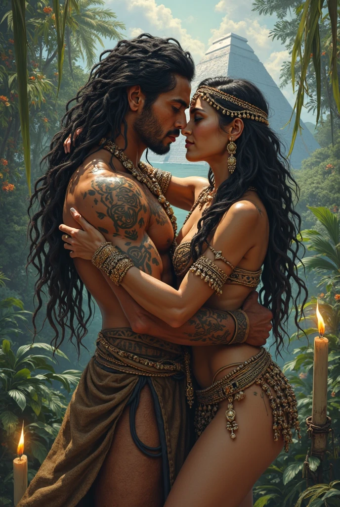 A indian very muscular  strong warrior queen breastfeeding a skinny man who lying in her lap