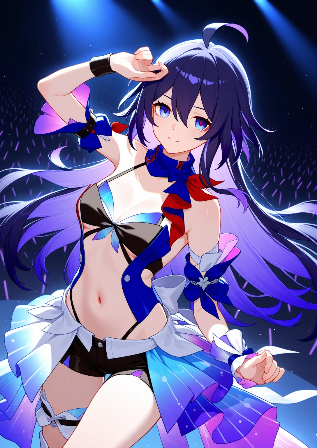 Flat chest, bra bunny suit, mini skirt, navel, smooth belly, long black hair, sharp blue eyes, midriff, wrist cuffs, both arms up