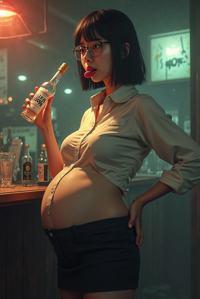 She drinks a lot and her belly is unusually large.