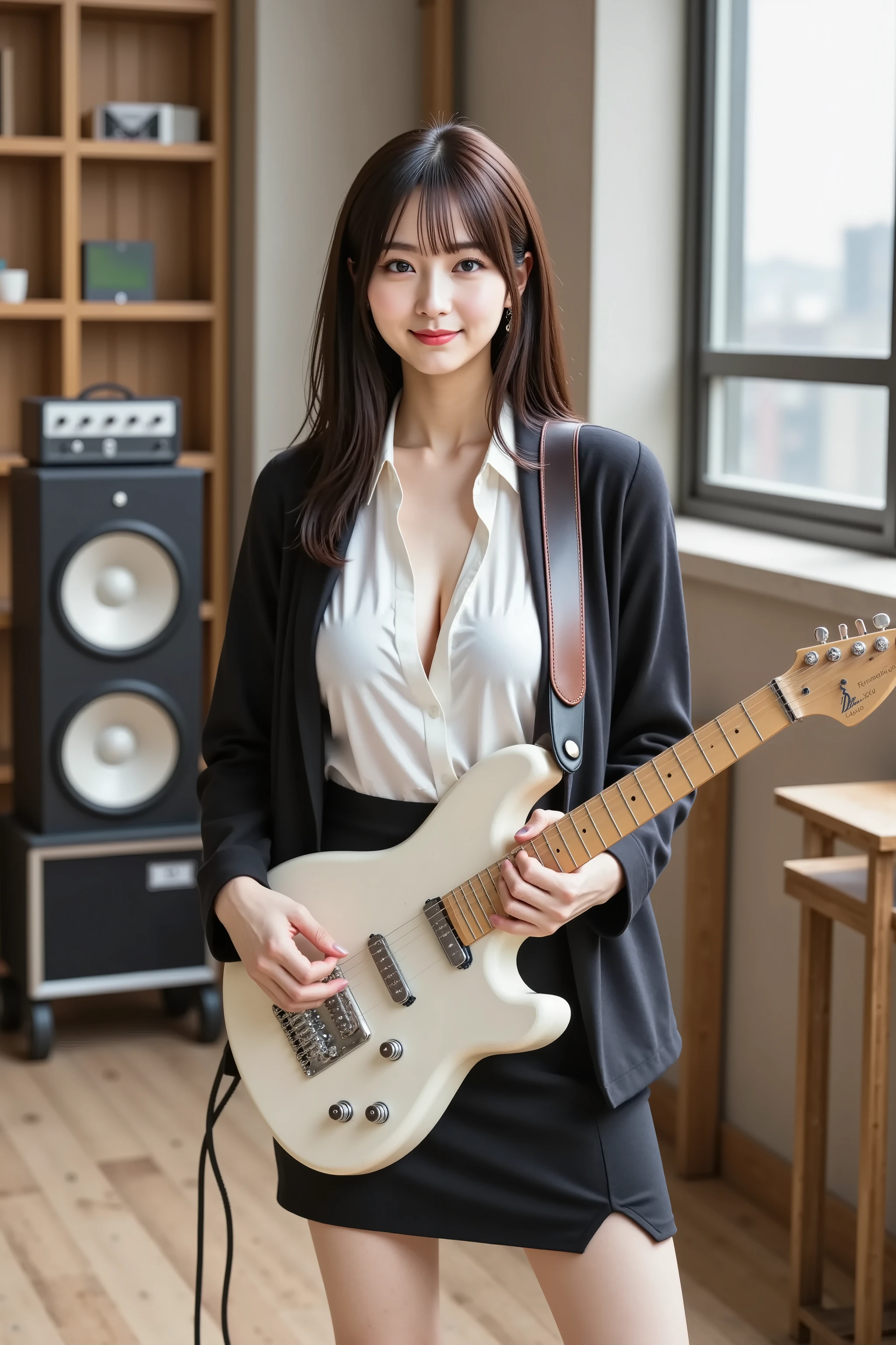 firm and big breasts, cleavage, medium-framed portrait shot from head to mid-thigh of a realistic adult woman with her full head and shoulders fully visible, standing in a modern music rehearsal studio with a large industrial steel-framed window behind revealing a softly blurred urban skyline and pale daylight filtering through thin sheer curtains, walls lined with warm oak acoustic panels and shelves holding a black floor monitor speaker, a vintage tube amplifier head with exposed vacuum tubes and coiled cables, and a row of guitar effect pedals on a wooden board, the polished concrete floor featuring scattered cable loops and soft reflections from a recessed LED strip light near the baseboards, wearing a crisp white cotton button-down shirt unbuttoned at the top and loosely tucked into a high-waisted black pencil skirt in smooth stretch fabric with a narrow side slit, she wears a tailored slim-fit black blazer casually draped over her shoulders and pulled slightly back to reveal the plunging neckline framing her collarbones, she holds a glossy white solid-body electric guitar with chrome hardware and maple neck by the fretboard with her left hand while her right hand rests lightly on the guitar body near the pickups, the shirt and blazer parted by her posture to accentuate a pair of firm full breasts with a dramatic wide deep cleavage boldly emphasized by snug fabric contours and a slight forward lean, paired with sheer black thigh bands that peek beneath the skirt hem, she smiles warmly with natural dimples and bright eyes, natural warm skin tones with visible microtexture and a soft moisture sheen on her décolletage, hair styled in loose natural dark brown waves brushing her shoulders and individual wisps framing her face, minimal natural makeup featuring a matte complexion, soft peach blush on cheeks and eyelids, neutral pink lip tint, individually defined eyelashes, small silver hoop earrings catching subtle highlights, camera at eye level using an 85mm lens a