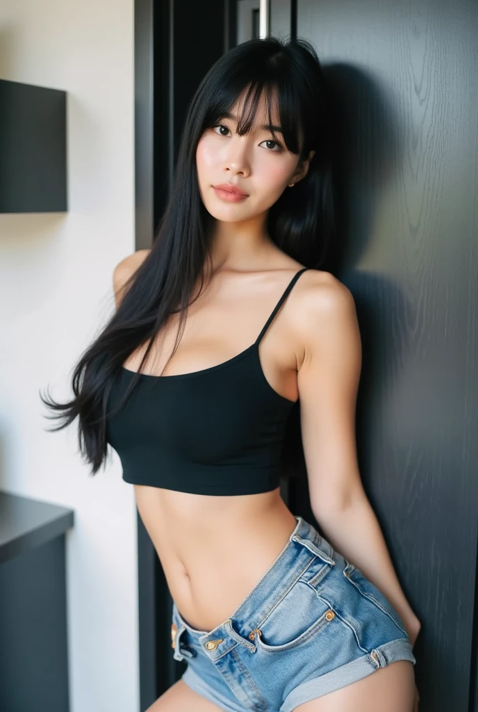 Girl, black hair with bangs, blue eyes, thin nose, thick full lips, arched eyebrow, large breasts, very thin waist, wide hips, black gym mini shorts, black T-shirt, sensual body, thick thighs, six-pack abs, toned legs, muscular biceps, albino pale white skin