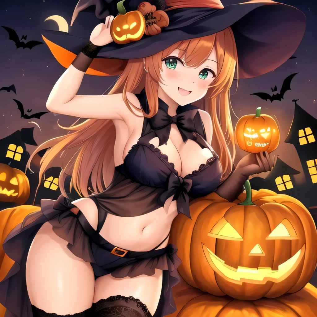 alluring beautiful halloween witch emma watson, frilly sensual gothic striped clothes, pointy hat, barely clothed, with moon and pumkin ornaments, pumkin bikini, bikini made of pumkins, frilly striped gloves and long socks, exposed breasts, exposed crotch, sitting on a big pumkin, fullmoon night, Fantasy Theme, Beautiful D&D Character Portrait, Ominous, Dark Fantasy, Detailed, Digital Art, Extreme Detail, Polished, Beautiful, Hyperdetailed, Intricate, Elaborate, Meticulous, Anime Character, Detailed, Anime Face, Sharp Focus, Unreal Engine, 3d Rendered, Volumetric Lighting, Reflections, Glossy, Digital Illustration, Sensual Pose, Suggestive Pose, Lewd, Full Body Shot, anatomically correct, legs spreaded, sitting on a pumkin💖❤💕💋❣