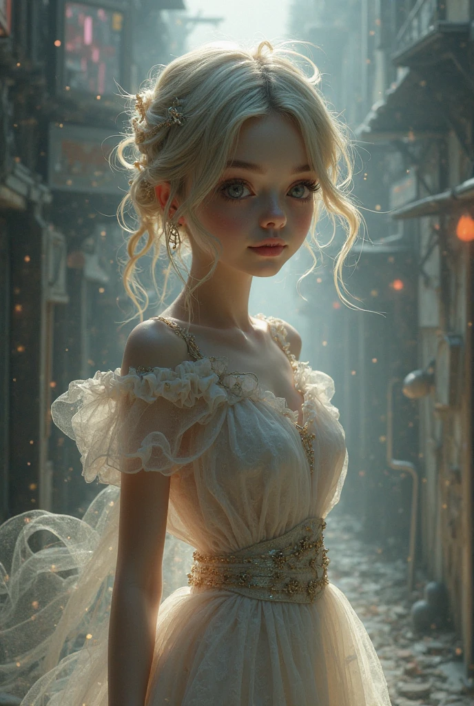 (best quality,realistic), ghostly encounter,classic literature,portraits,Victorian era,spooky atmosphere,creepy mansion,richly detailed backgrounds,haunting expressions,mysterious shadows,candlelit room,Virginia's flowing gown,subtle smiles,magic realism,ethereal beauty,wisps of ghostly apparitions,supernatural presence,intense gazes,subdued lighting,flickering candles,faded elegance,antique furniture,crimson drapes,sublime sorrow,transcendent artistry,translucent figures,heartfelt connection,gothic romance,emotional depth,unsettling silence,fleeting encounters,ethereal whispers,bittersweet revelation,sublime melancholy, llustration of 15 years old Virginia Otis blonde hair blue eyes youngest cute face,