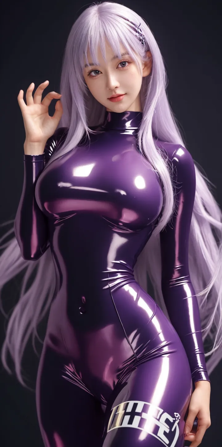 one American girl, realistic green eyes, long light purple lilac hair, large tits, large chest, cleavage, wearing black latex bunny suit, black sheer fishnet tights, outside in the sun and flowers, plump lips, small white bunny tail, hard nipples through shirt, slim waist, soft muscles