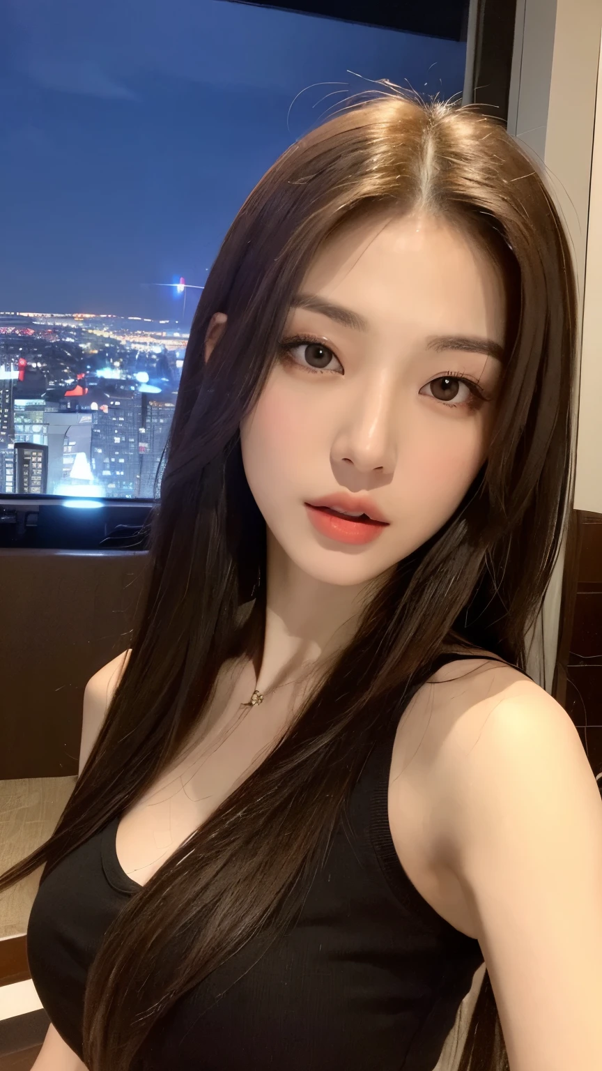 ((Midnight, Best quality, 8k, Masterpiece :1.3)), Whole body, Long legs, Sharp focus :1.2, A pretty woman with perfect figure :1.4, Slender abs :1.1, ((Dark brown hair, Huge breasts:2.0)), (Crop top shirt, Low waist pants, Standing:1.2), ((Night city view, Rooftop:1.3)), Highly detailed face and skin texture, Detailed eyes, Double eyelid