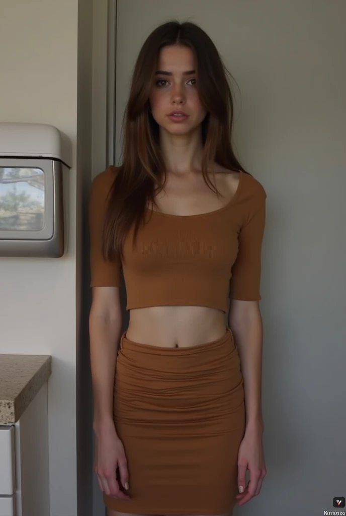 a woman in a brown blouse and jeans posing for a photo, top cut, wearing top cut, usando um top cropped sexy, wearing a tank top, top cut, wearing a cute top, wearing tank top, wearing short tops, wearing a top cut, wearing a nightgown, bralette, flat-chested, wearing a tank top preta cortada