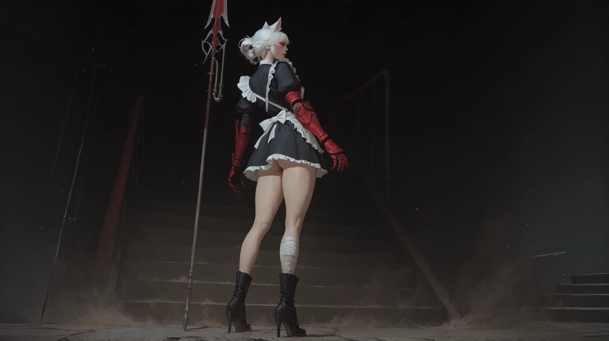 A beautiful girl with cat ears, short white hair, with a long side fringe, ojos rojos, sharp eye, beautiful skin, extremely nice body, ,((pretty face)), alone, Alone,A maid's uniform, short skirts, (maid) , (A large red gauntlet on the right arm), (left arm without gauntlet hands bandaged) ( a spear in his hand ), (black boots with heels), beautiful thighs, (She is standing on her back), (profile), (his back is visible) ,in the sewers, deep water, moldy brick, dust, Particles , strokes of volumetric light, (stairs, and pipes)