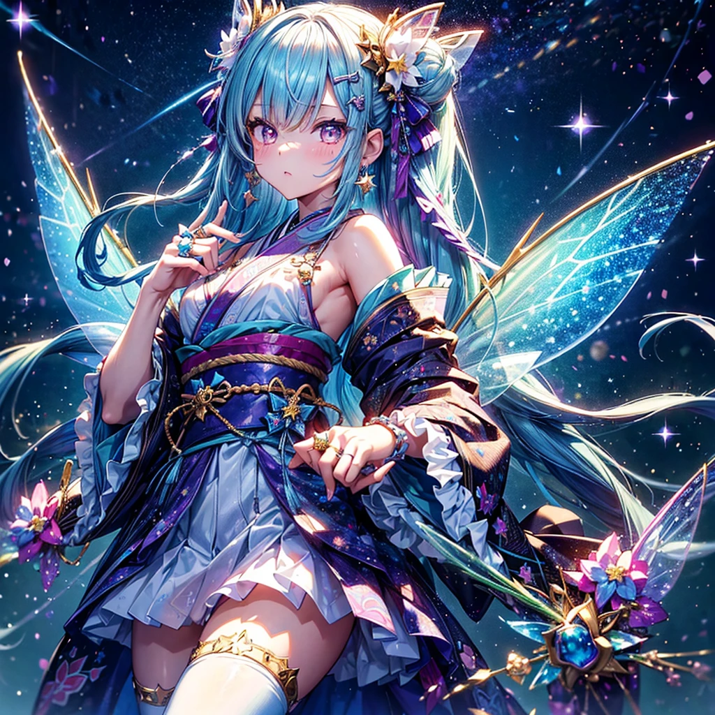 In a swirling dance of magic and light, Glittering animated fairy spinning around, Her feathers shine with iridescence. She is the center of a fantastical swirl of petals and sparkling hearts., Her flapping wings send ripples through the air, Bending light and color. Her outfit, An array of delicate flowers and ribbons, Reflecting the flowers floating around her. This enchanting scene is、It captures a celebration of fairy love and magical joy., Her essence is a fascinating blend of nature and fantasy..