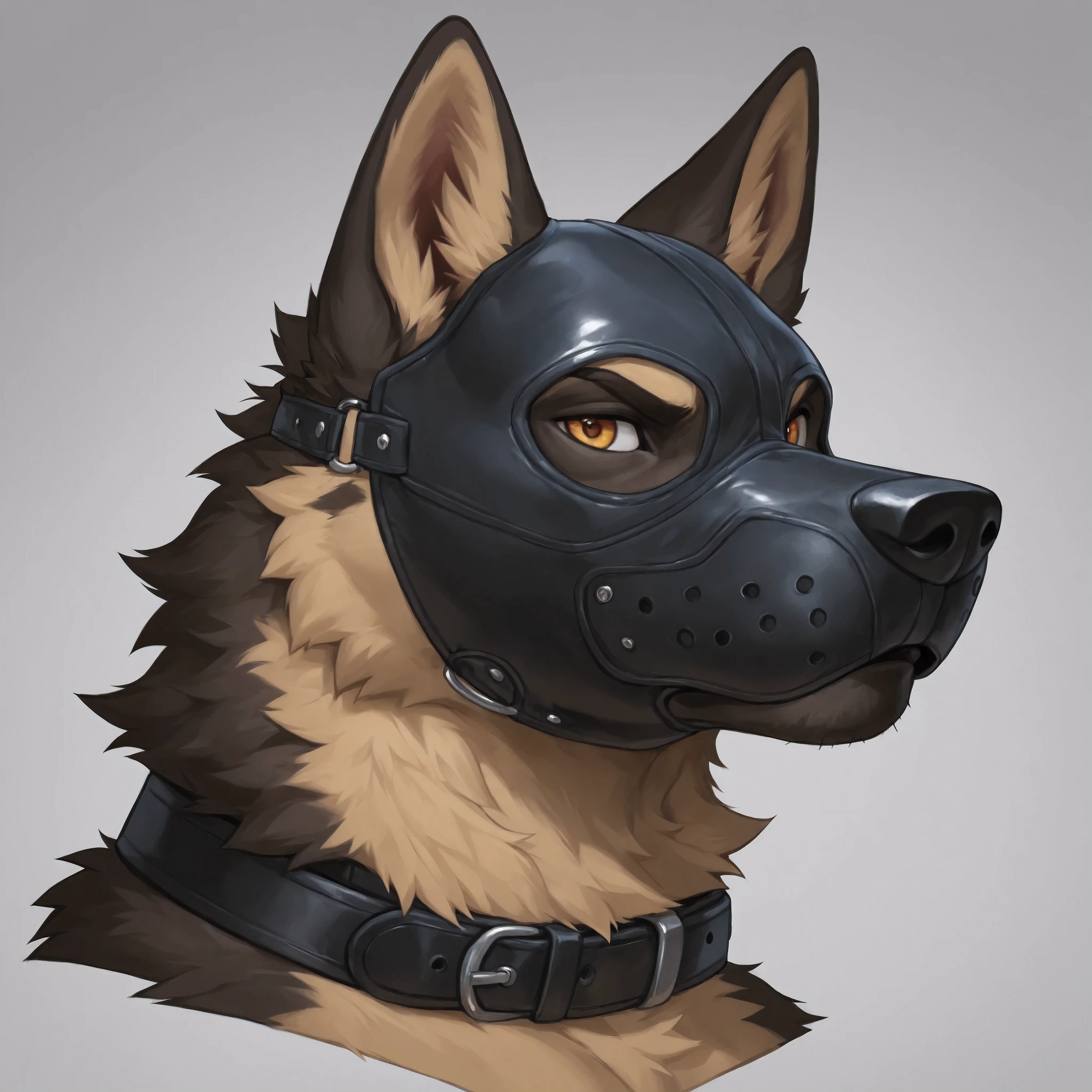 Furry, 1boy, highly detailed, breathtaking, male only, 18+, headshot, pup mask, german shepherd, white background, looking at viewer, leather collar
