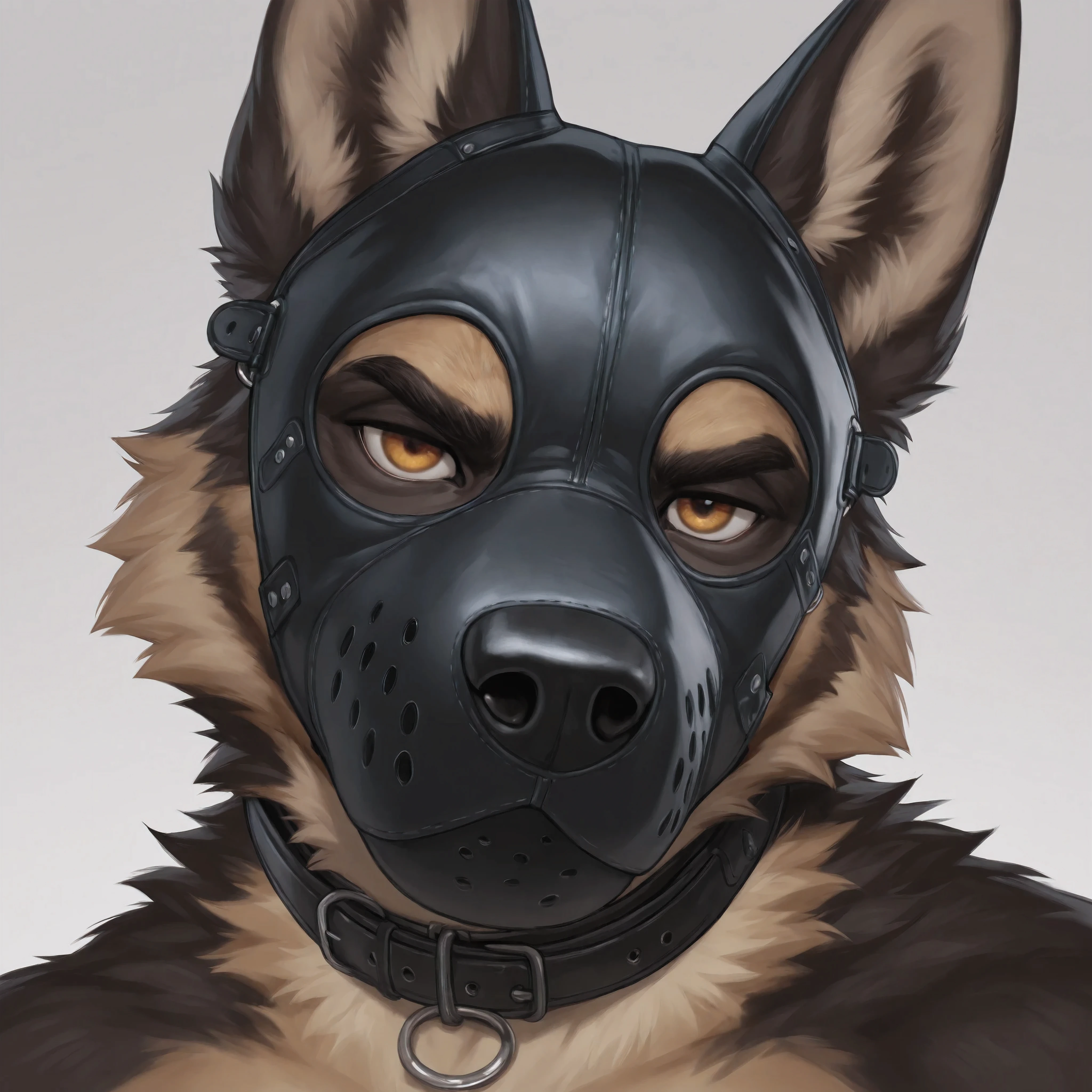 Furry, 1boy, highly detailed, breathtaking, male only, 18+, headshot, pup mask, german shepherd, white background, looking at viewer, leather collar