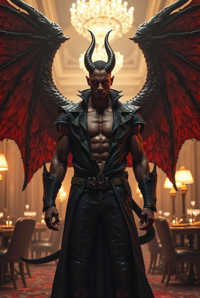 masterpiece, realistic, photographic, 2boy, a sexy young Roman Catholic priest turning into a hot male demon with red skin, black hair, glowing red eyes, long black claws on his fingers and large horns as well as a massive demonic wingspan, he is wearing a black loincloth, bursting out of his ripped and torn priestly robes showing his muscular pecs, abs, biceps, shoulders and perky nipples. A seductive expression on his face, he is surrounded by glowing human skulls, stained glass windows inside the interior of a gothic church background