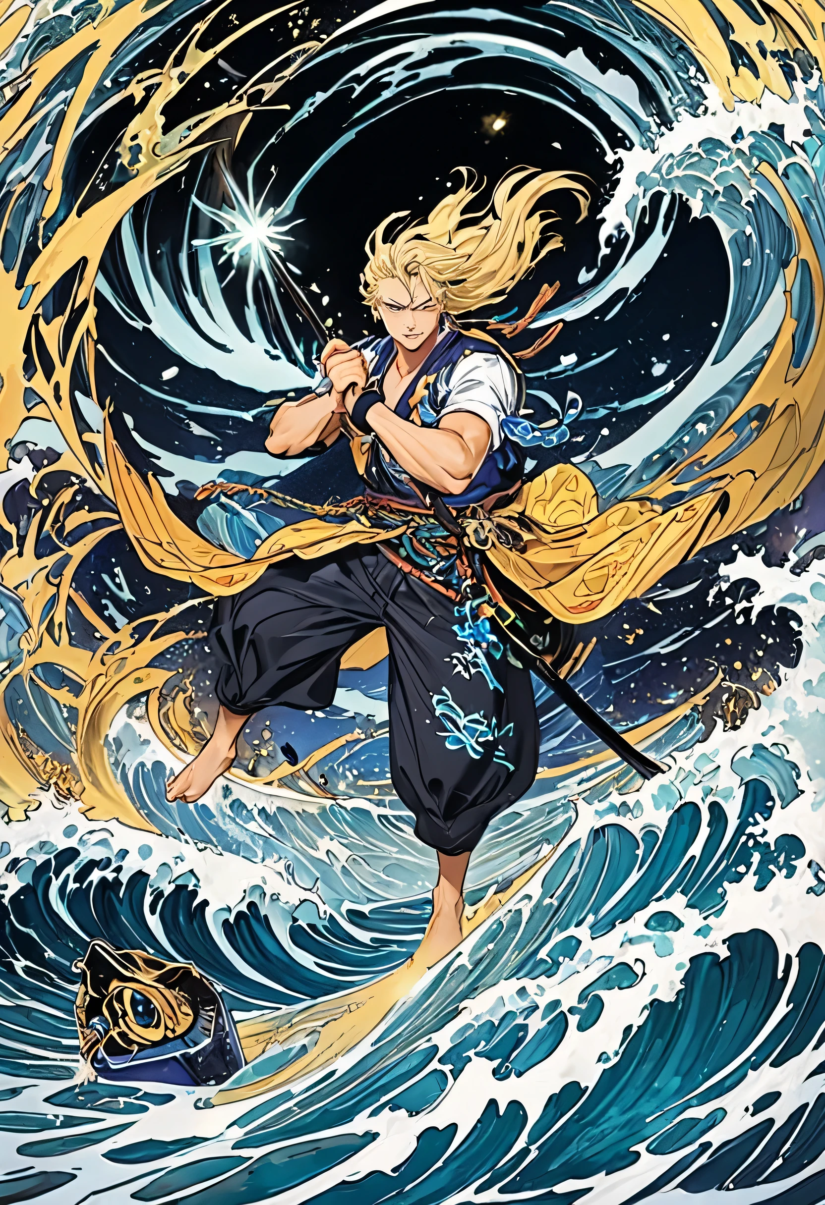 Ninja、Daigi 、highlight the uniqueness of the Galaxy、emphasizes uniqueness、 spiral circle 、Abstract、Impressive、Ultimate Skill、Angry waves、Destroy surroundings、Thick Coating、Highlight the waves、Fancy costumes、make it flashy、Add Trees、The man is blonde、男が手からUltimate Skillを使用、handsome、strong、fantastic、