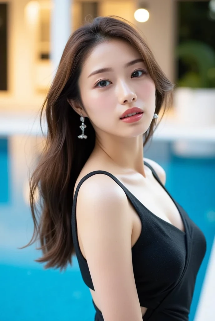 dark brown hair、Light brown eyes、The face of the Japan actress、 Lady、looks like him;I'm about 40 years old、(intricate-detail:1.2)、(top-quality:1.4)、 (超A high resolution:1.2)、超A high resolution、(A detailed eye)、(detailed facial features)、nffsw、8K resolution、D-cup size breasts、length hair、in poolside、venice hotel pool、Venice hotel pool、in poolsideのビーチベッドに座っています、You can see the pool in the back、Luxurious space、Relaxing、Leaning on the backrest、white lounge dress Leisure Wear,fully body photo、shot from head to toe、