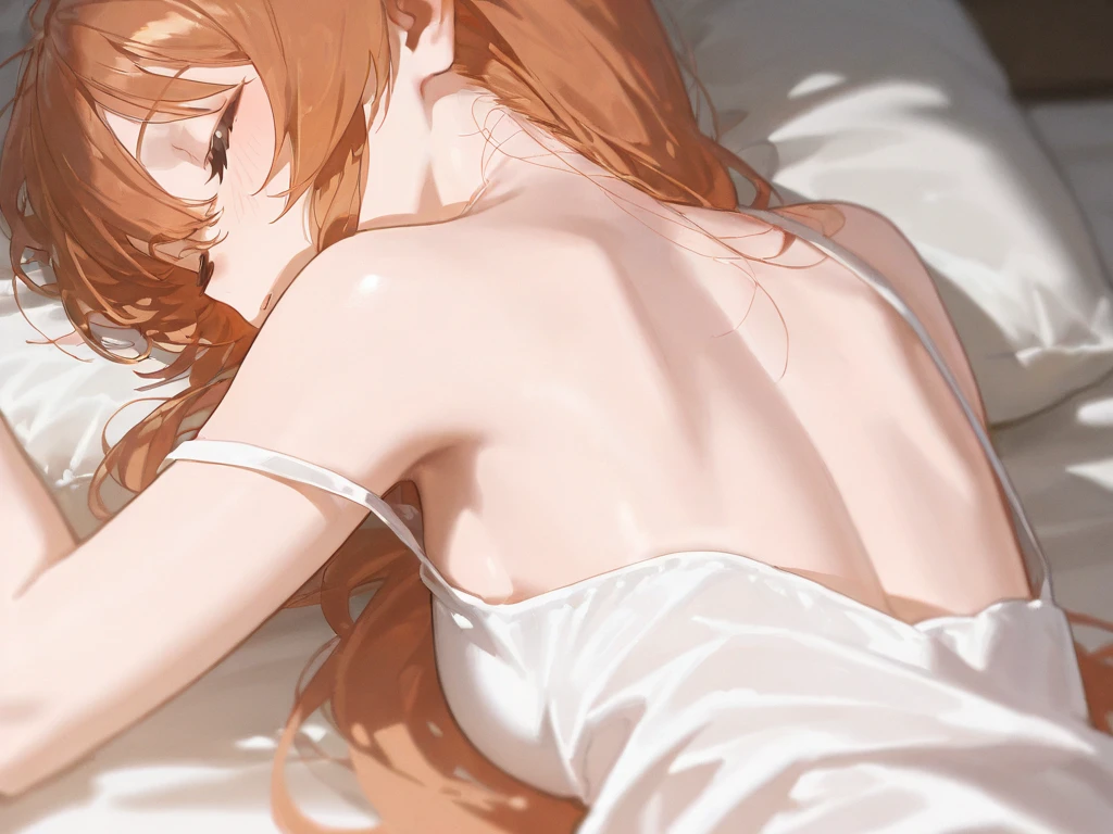masterpiece, best quality, 1girl, animegirl, solo, Makima, Makima From Chainsaw man, laying on her back on the bed, Medium breasts, ((almost asleep eyes half lidded)), ((a penis cumming on her face)), ((face covered in cum)), ((excess cum on face)), ((crying with eyes wide open)), ((slightly blurred iris)), (( out of breath))