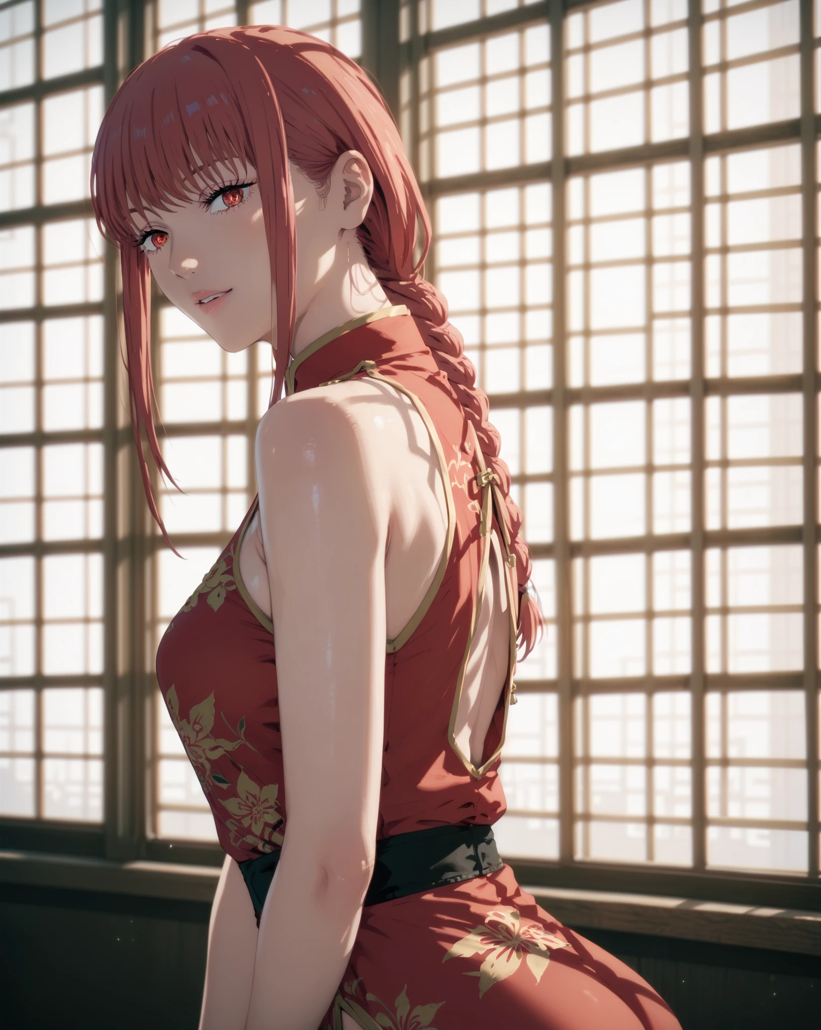 BREAK looking at viewer, BREAK outdoors, BREAK (masterpiece:1.2), best quality, high resolution, unity 8k wallpaper, (illustration:0.8), (beautiful detailed eyes:1.6), extremely detailed face, perfect lighting, extremely detailed CG, (perfect hands, perfect anatomy),makima, long hair, smile, bangs, (medium breasts:1.2), (yellow eyes:1.2),city,street,wet road,night, braid, red hair, braided ponytail, ringed eyes,japanese dress,red dress,neckline,cleavege,skinny fit,medium breasts,, necklace,showing panties,panties, upskirt,stockings,from behind,bend down.