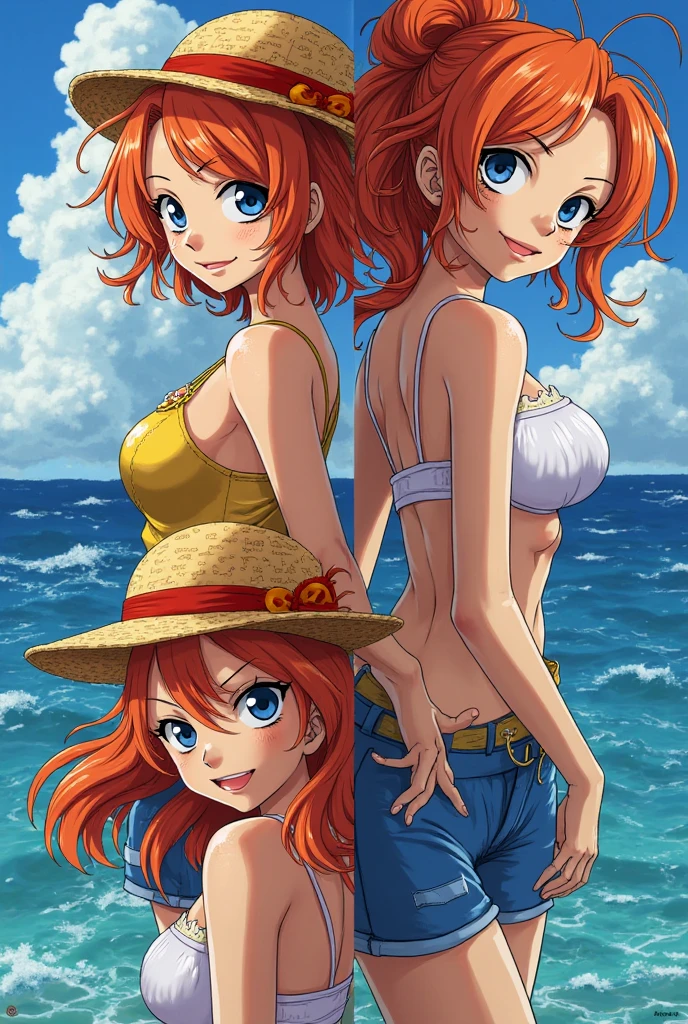 anime characters in bikinis in the ocean with oranges, nami one piece, nami from one piece, nami, from one piece, one piece, beautiful portrait of nami, one piece style, official anime artwork, by Eiichiro Oda, one piece artstyle, asuka as a surfer model, アニメ, monokini, official art