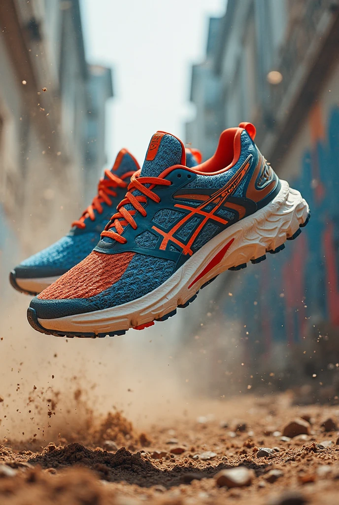 "Sports shoes in full motion, suspended in the air between an urban background with suspended graffiti and dust. Dynamic Style , with speed lines and vibrant colors. in large letters: 'Run with power'."