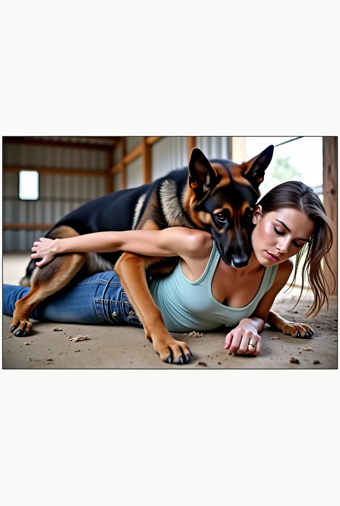 naked 50 year old brunette on her hands and knees in a barn, there is a german shepherd mounted on top of the brunette and is fucking the brunette, the brunette has an orgasm expression on her face